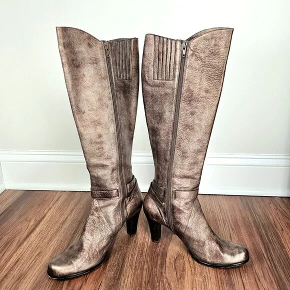 Vaneli | Metallic Bronze Leather Knee-High Buckle Boots | Size 9.5 - Picture 6 of 9